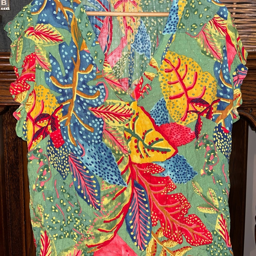 Christian Siriano Tropical V-Neck Blouse in Green, Blue, Yellow & Red